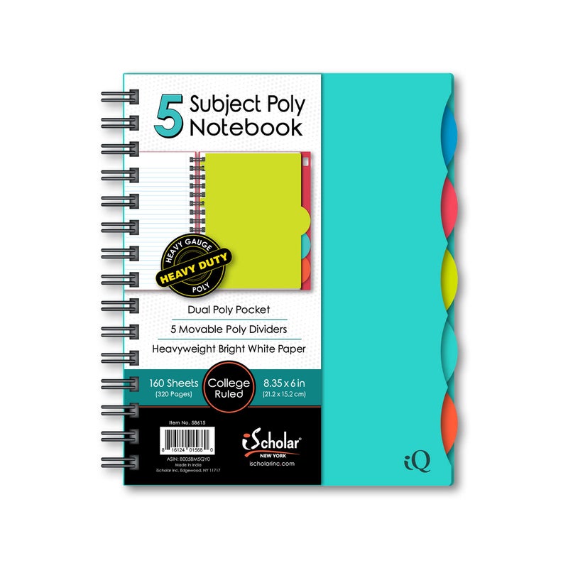 iScholar 5 Subject Poly Cover Double Wire Notebook  8.35 x 6 Inches  Cover Color May Vary (58615)160 Sheets   Assorted - Image 1